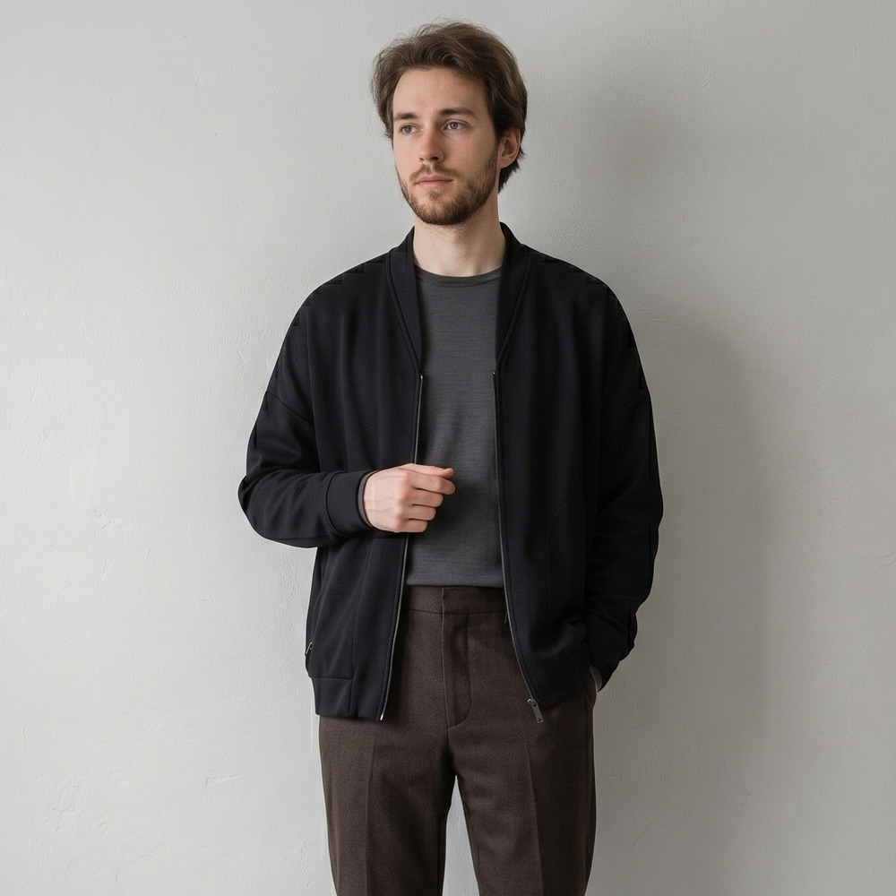 COS Mens Jacket Large Black Textured Zip Up‎ Cardigan Minimalist Scandi Bomber